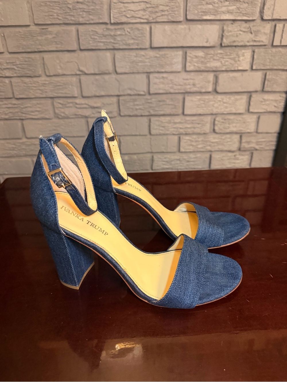 Ivanka Trump Denim Ankle Strap Block Heel Sandals – Size 10M